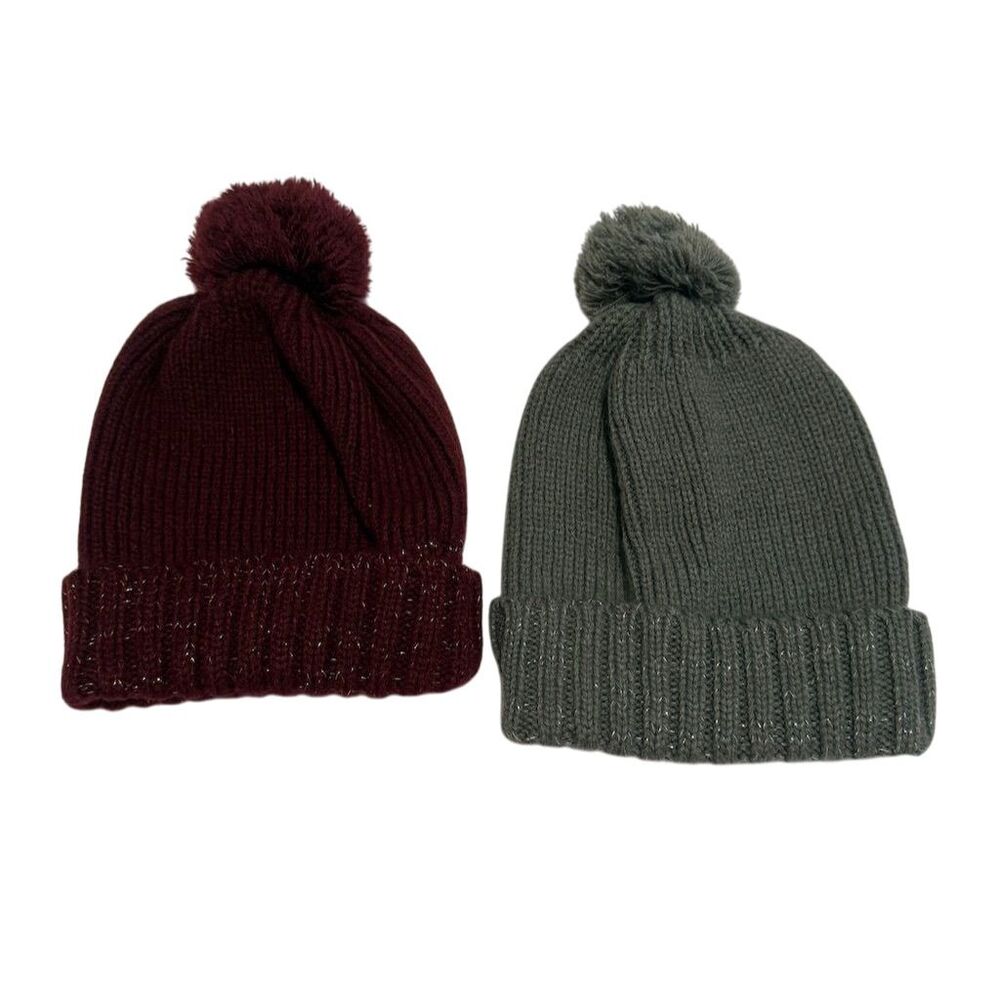 Set of 2 Multicolor Pom-Pom Beanies women One Size Winter Cozy